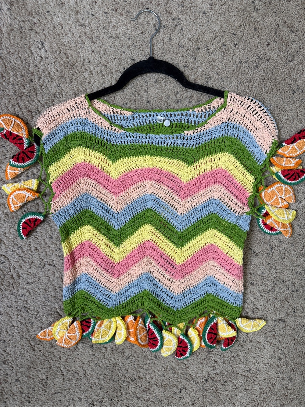 RARE 🍉🍋🍊 CeliaB Crochet Chevron Crop Top with Fruit Trim XS